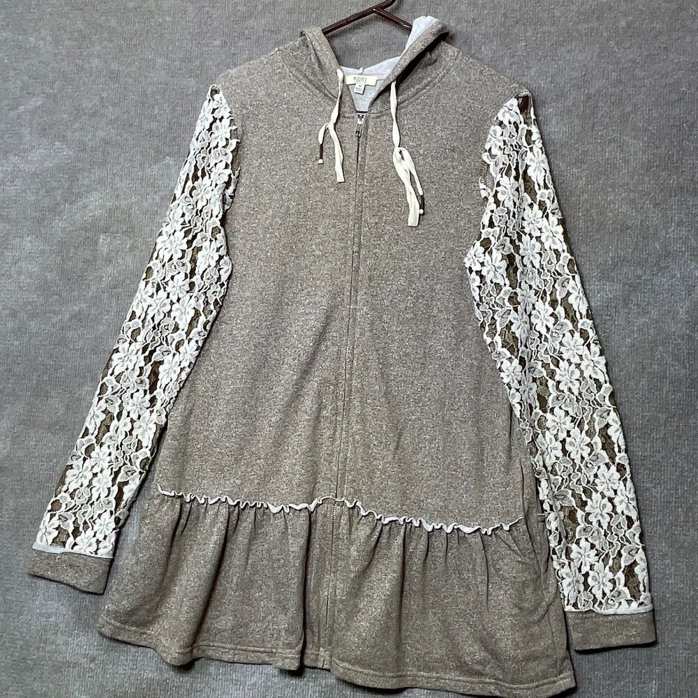 Kori America Hoodie Jacket Womens M Lace Sleeve Peplum Boho Cottagecore Romantic